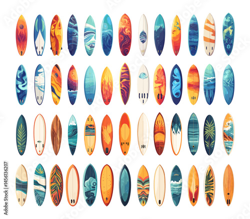 Cartoon surfing boards. Sea wooden timber longboard with various prints surf board, ocean sport equipment tropical patterns marine stuff vector set isolated on white background