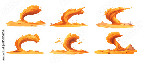 Cartoon tornado in desert. Yellow dune air twister hill sand whirlwind dust vortex funnel dangerous whirl weather, wind storm phenomenon, isolated vector illustrations