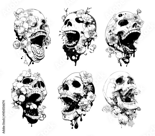 Color ink sketch skull with flower petals. Skeleton head bone sprouting plants and deceasing in plague, japan horror graphic creepy concepts for comic or manga isolated vectors on white background