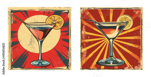 Mixed drink fresh citrus embellishments cartoon vector ideas. Drinks cocktails glasses cherry lemon alcoholic beverage vintage retro vibrant posters