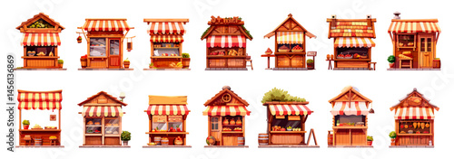 Outdoor kiosks cartoon vector set. Wooden street striped tent clothes accessories souvenirs food vending mini shop markets, illustrations isolated on white background