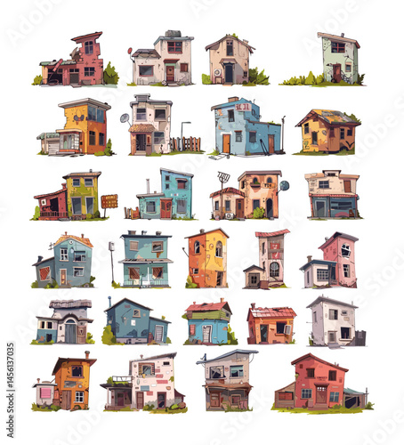 Poor dirty houses cartoon vector set. Slums area old broken buildings ruin shacks ghetto cheap criminal abandon junkyard architecture, illustrations isolated on white background