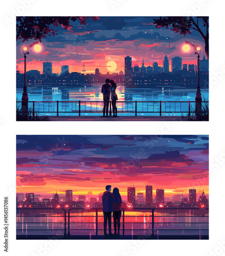 Romantic couple cartoon vector scenes. Man woman together back view embankment having date water lake pond sunset cityscape characters, love relationship concepts
