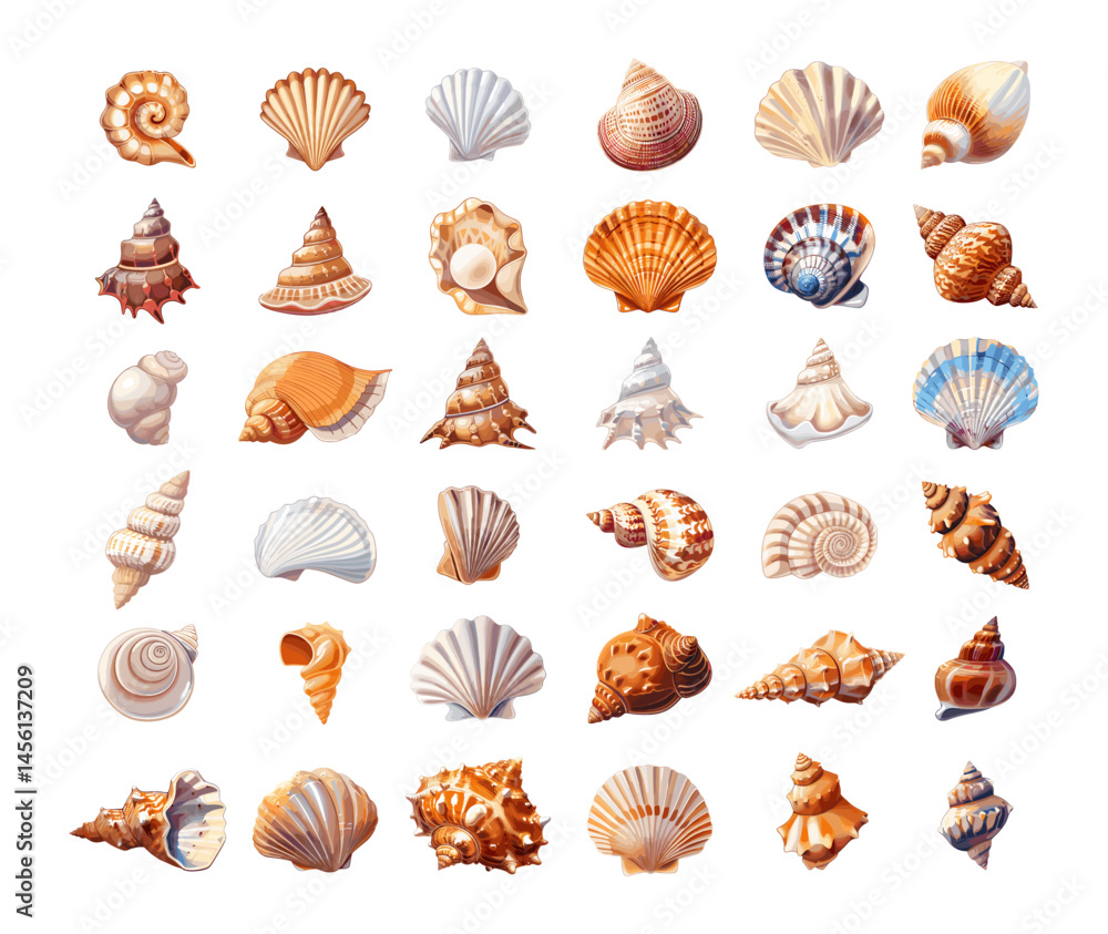 Sea shells cartoon vector set. Snail pearl oyster mollusk carcass beach marine aquarium ocean souvenirs remains illustrations isolated on white background Sea shells cartoon vector set. Snail pearl oyster mollusk carcass beach marine aquarium ocean souvenirs remains illustrations isolated on white background
