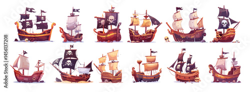 Shipwrecked vessels cartoon vector collection. Pirate ship skeleton black flag skull roger banner ancient submerged galleon caravel shattered sailing ships forsaken wrecked buccaneer isolated artworks