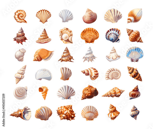 Sea shells cartoon vector set. Snail pearl oyster mollusk carcass beach marine aquarium ocean souvenirs remains illustrations isolated on white background