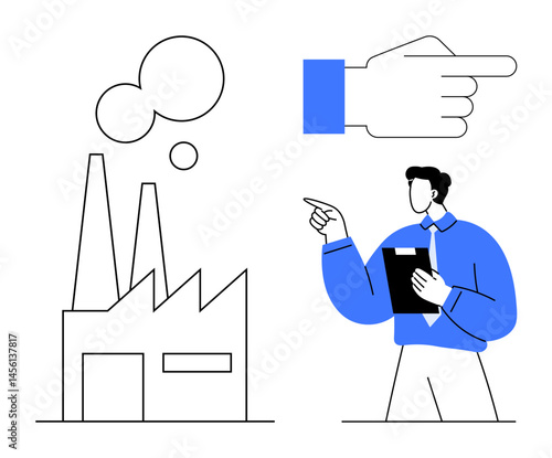 Factory with chimneys emitting smoke, hand gesture pointing right, person in blue tying clipboard to operation. Ideal for industry, supervision, leadership, guidance, manufacturing, strategy