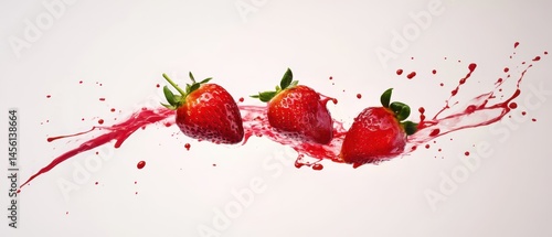 Three Fresh Strawberries Splashing in Red Juice on White Background Concept of Summer, Healthy Eating, and Refreshment