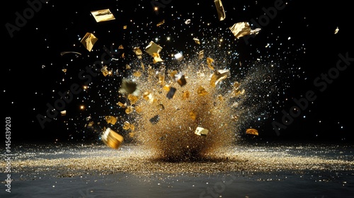 Glitter explosion with sparkling particles shaped like stars on a black background