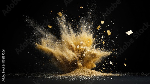 Glitter explosion with sparkling particles shaped like stars on a black background