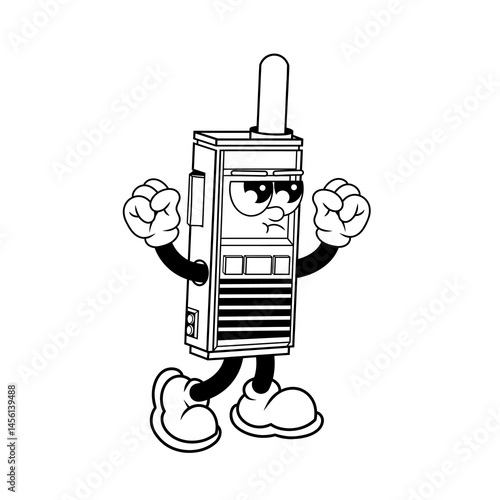 Retro character design of angry walkie talkie outline