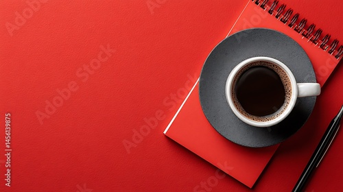 Desk with coffee, journal and black pen, flatlay