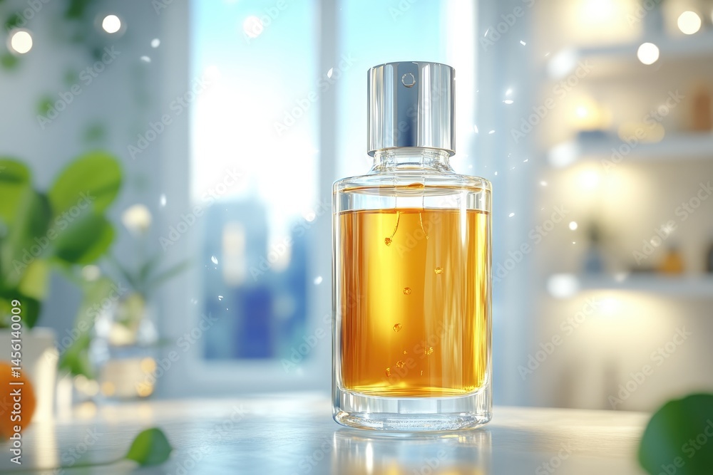 Golden perfume bottle on a countertop, surrounded by greenery and city view Golden perfume bottle on a countertop, surrounded by greenery and city view