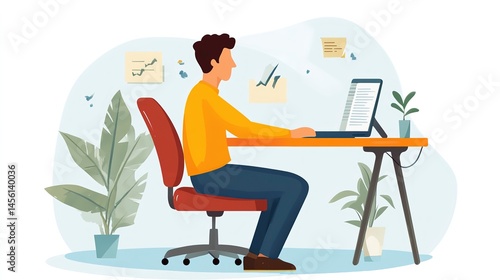 Flat design illustration of a person working at a desk with poor posture while using a laptop
