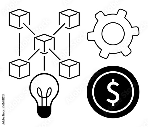 Connected cubes forming a blockchain structure, light bulb for innovation, gear for process optimization, and dollar coin for financial growth. Ideal for technology, finance, business, brainstorming