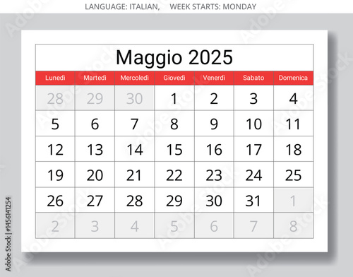 Italian calendar for may 2025 - calendario maggio. Spring month page. Vector illustration design for Italy