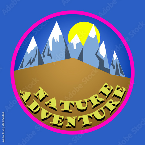Vector illustration of wild nature. Green hills and high mountains with glaciers on top. Inscription: "nature adventure." Circular illustration of nature on a purple background.