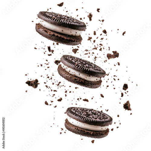 Flying Oreo Cookies with Crumbs Isolated on White Background