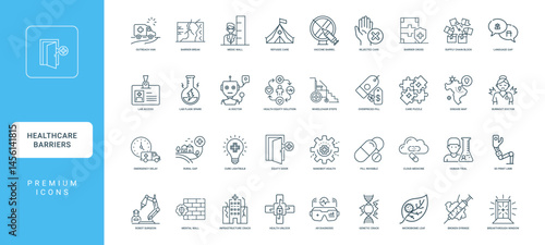 themed healthcare barriers breakthroughs icon set reflecting tension obstacles innovations global local healthcare