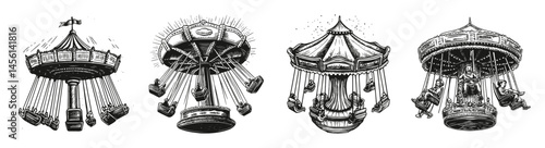 Vintage Carousel and Swing Ride Illustrations in Black and White