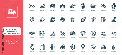 healthcare barriers breakthroughs icon set reflecting challenges innovations healthcare