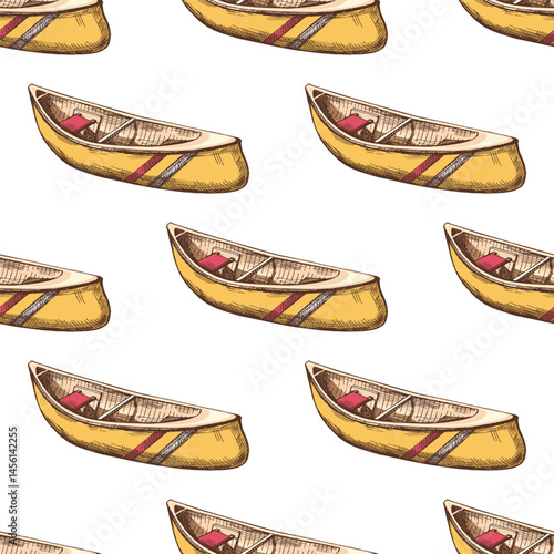 Hand drawn vintage colored seamless pattern of canoes for river rafting, camping and outdoor exploration designs, rustic water adventure sketch