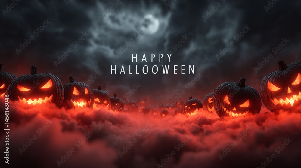 Happy Halloween card with glowing jack-o'-lanterns and dark cloudy sky in a spooky atmosphere.The centered “Happy Halloween” text makes it perfect for seasonal messages or party invitations Happy Halloween card with glowing jack-o'-lanterns and dark cloudy sky in a spooky atmosphere.The centered “Happy Halloween” text makes it perfect for seasonal messages or party invitations