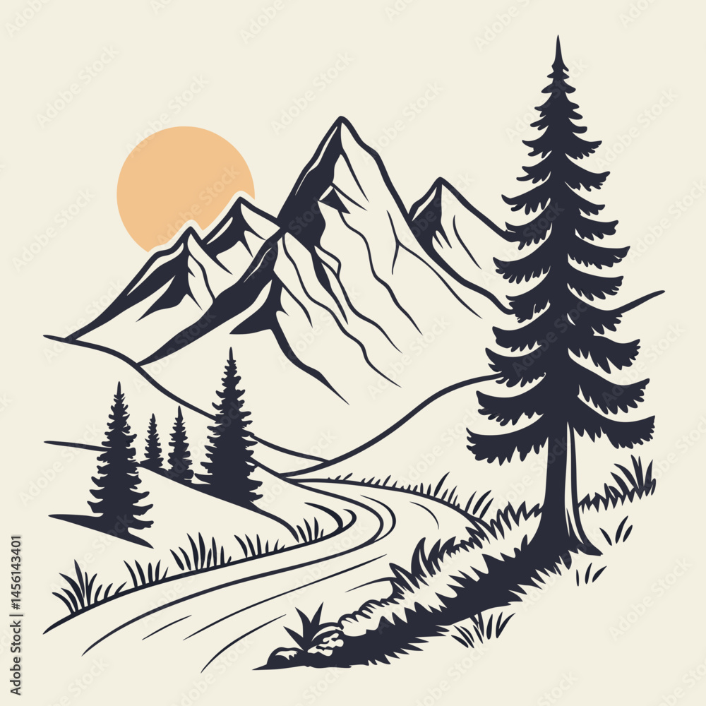 Obraz premium Adventure Mountain Silhouette with Pine Trees and Rising Sun Clean Vector T-Shirt Design