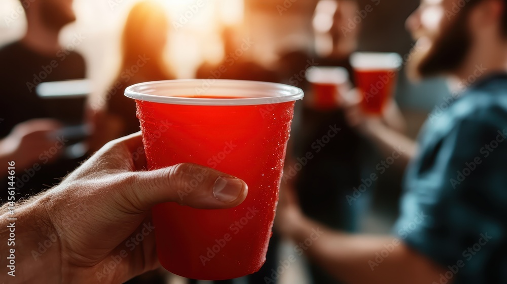 A hand holding a red cup amidst a lively gathering, encapsulating the essence of celebration, friendship, and social connection in vibrant and energetic atmospheres with loved ones. A hand holding a red cup amidst a lively gathering, encapsulating the essence of celebration, friendship, and social connection in vibrant and energetic atmospheres with loved ones.