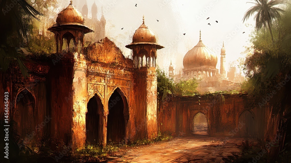 Fototapeta premium Mystical oriental ruin complex with ornate architecture amidst lush foliage evoking a sense of ancient serenity and enchanting travel destination