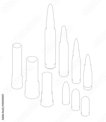 A series of bullet shapes are drawn in black on a white background. The shapes vary in size and are arranged in a way that creates a sense of depth and perspective. Concept of power and strength