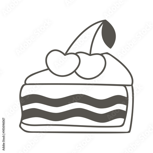 Piece of cream cake with cherries, hand drawn ink illustration. Simple icon sweet homemade pastry doodle sketch style. Black and white slice of berry cake, vector element