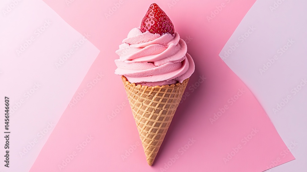 Strawberry Flavored Soft Serve Ice Cream Cone on Pink Background, Minimalist Summer Treat Strawberry Flavored Soft Serve Ice Cream Cone on Pink Background, Minimalist Summer Treat