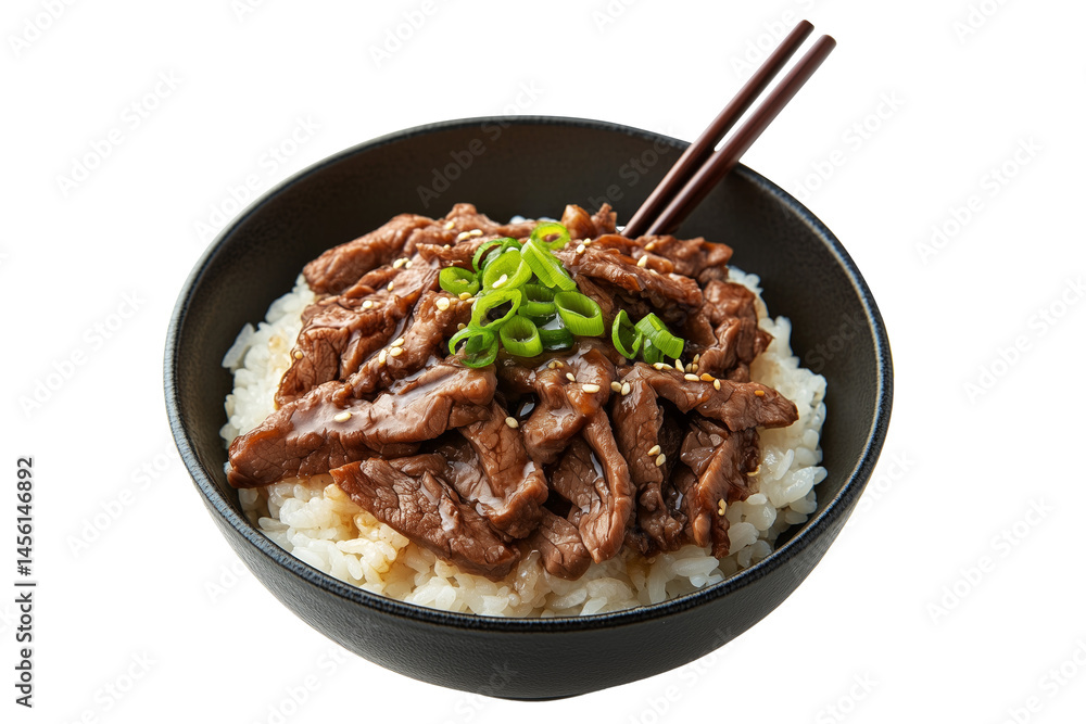 Japanese Gyudon beef rice bowl with raw egg yolk, sliced meat, green onions, and chopsticks, in ceramic bowl isolated on white transparent background, concept of Asian cuisine Japanese Gyudon beef rice bowl with raw egg yolk, sliced meat, green onions, and chopsticks, in ceramic bowl isolated on white transparent background, concept of Asian cuisine