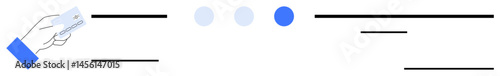 Hand holding a credit card, followed by progress dots and minimal text elements. Ideal for online payment, transaction, finance, user interface, e-commerce, progress tracking, simple landing page