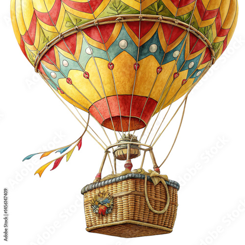 Colorful hot air balloon floating peacefully through clear sky creating whimsical dreamy atmosphere with vintage charm