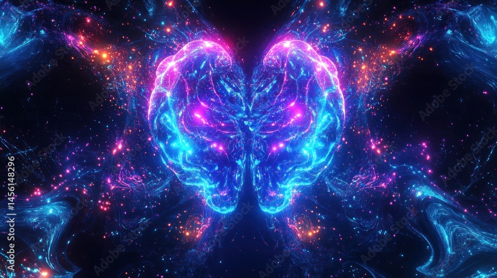 glowing neon brain with electric currents and abstract cosmic background. concept of innovation and futuristic technology. sci-fi, educational poster glowing neon brain with electric currents and abstract cosmic background. concept of innovation and futuristic technology. sci-fi, educational poster