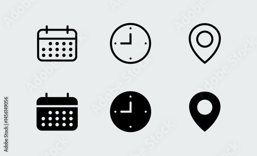 Calendar, time, clock, address, location icon set. Icons for date, reminder, adress, invitation, event, business