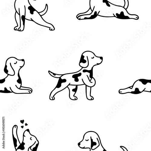 pattern with a set of dogs practicing various yoga poses and meditating, for logos or various designs