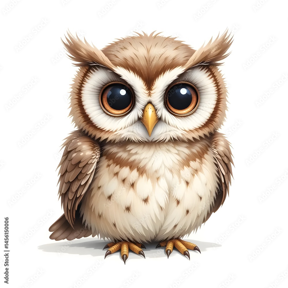 Cute Cartoon Owl Sitting Down with Big Eyes and Soft Feathers Cute Cartoon Owl Sitting Down with Big Eyes and Soft Feathers