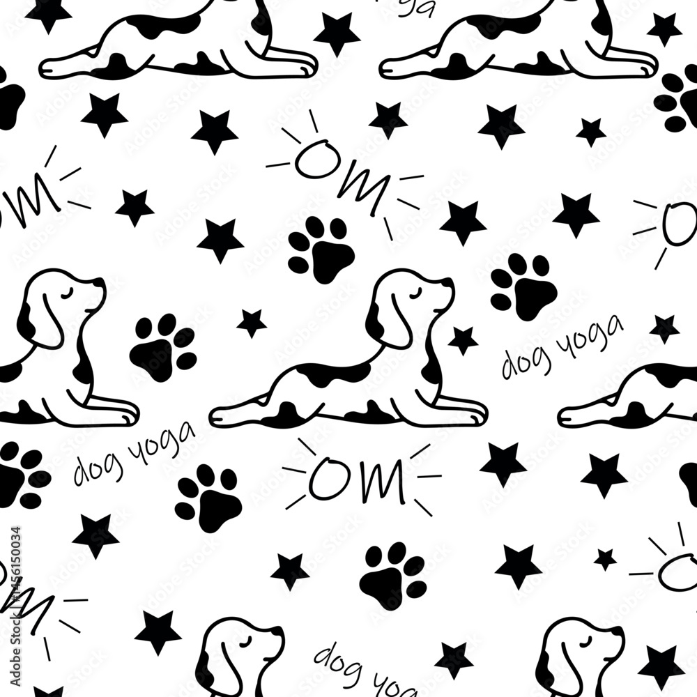 Naklejka premium seamless pattern with a simple icon of a dog doing yoga, namely lying in the cobra pose and various inscriptions, for logos and various designs