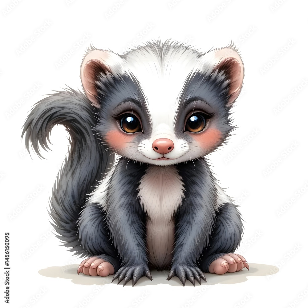 Obraz premium Cute Cartoon Skunk Sitting Portrait with Detailed Fur and Big Eyes