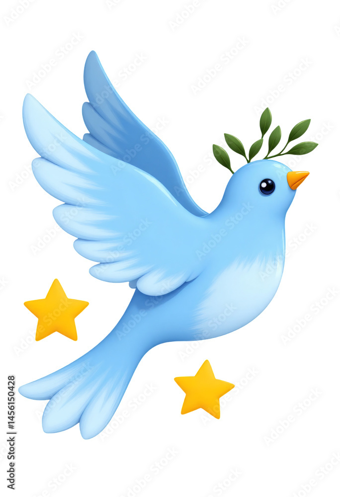 Obraz premium Blue Dove with Olive Branch, Yellow Stars on Transparent Background