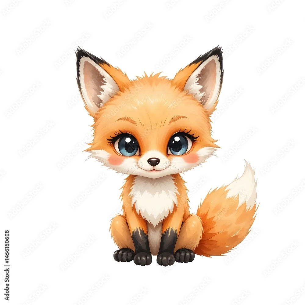 Obraz premium Cute Orange Fox Sitting with Big Eyes on White Background