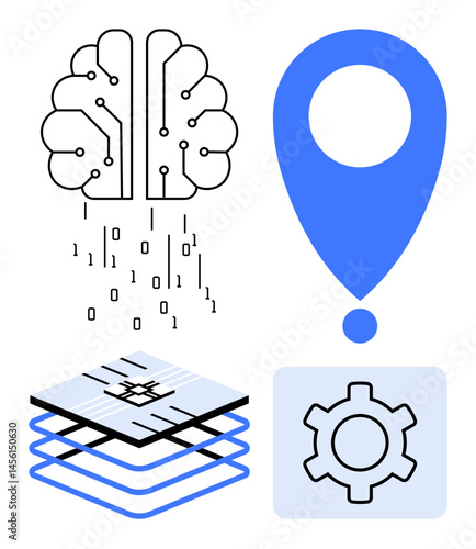 Brain with binary data, location pin, layered sheets, and gear symbolizing AI, tech innovation, location services, and automation. Ideal for AI concepts, digital transformation software