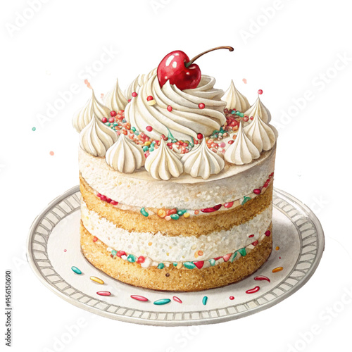 Classic layered birthday cake topped with whipped cream and cherry symbolizing celebration joy sweetness and festive indulgence