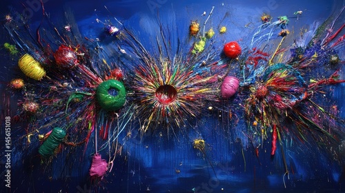 Bright red, green, and gold fireworks over a midnight blue background, sparkles radiating outward