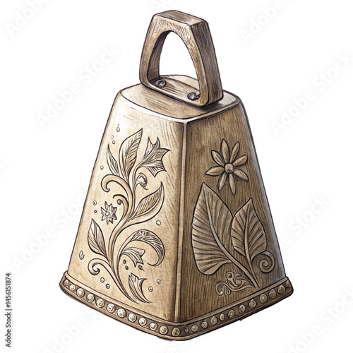 Decorative cowbell in rustic vintage style with detailed floral engraving symbolizing traditional charm and sound