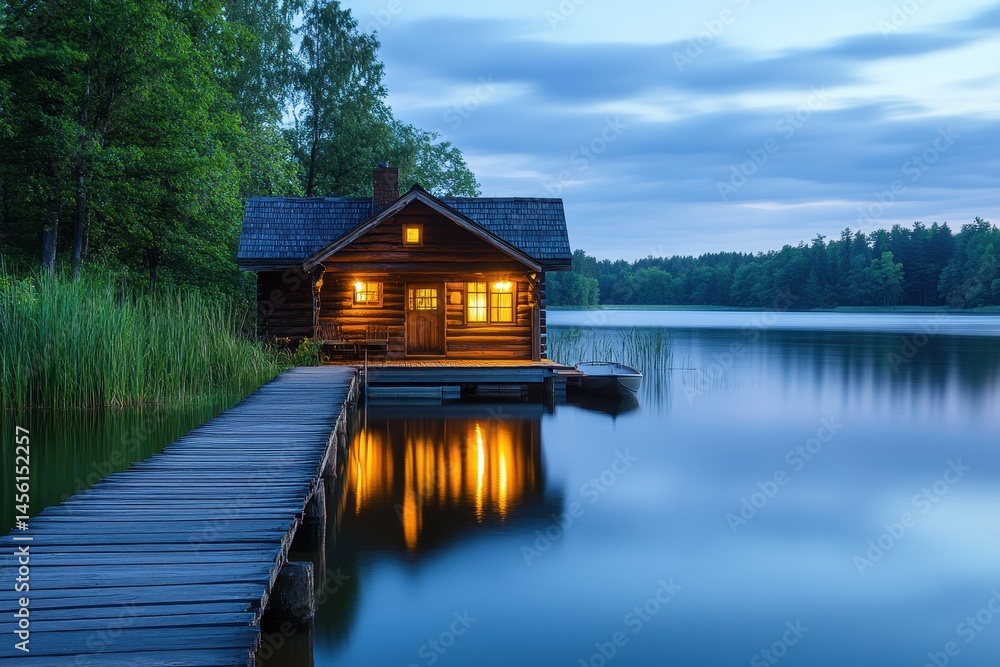 Wooden cabin reflects in lake water at dusk, lit warmly from within. Evokes peace, nature, and escape, perfect for travel, home, or lifestyle. Wooden cabin reflects in lake water at dusk, lit warmly from within. Evokes peace, nature, and escape, perfect for travel, home, or lifestyle.