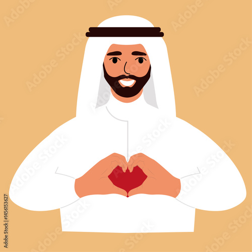 Young Arab man in traditional muslim making LOVE HEART sign, vector avatar illustration in flat cartoon style.